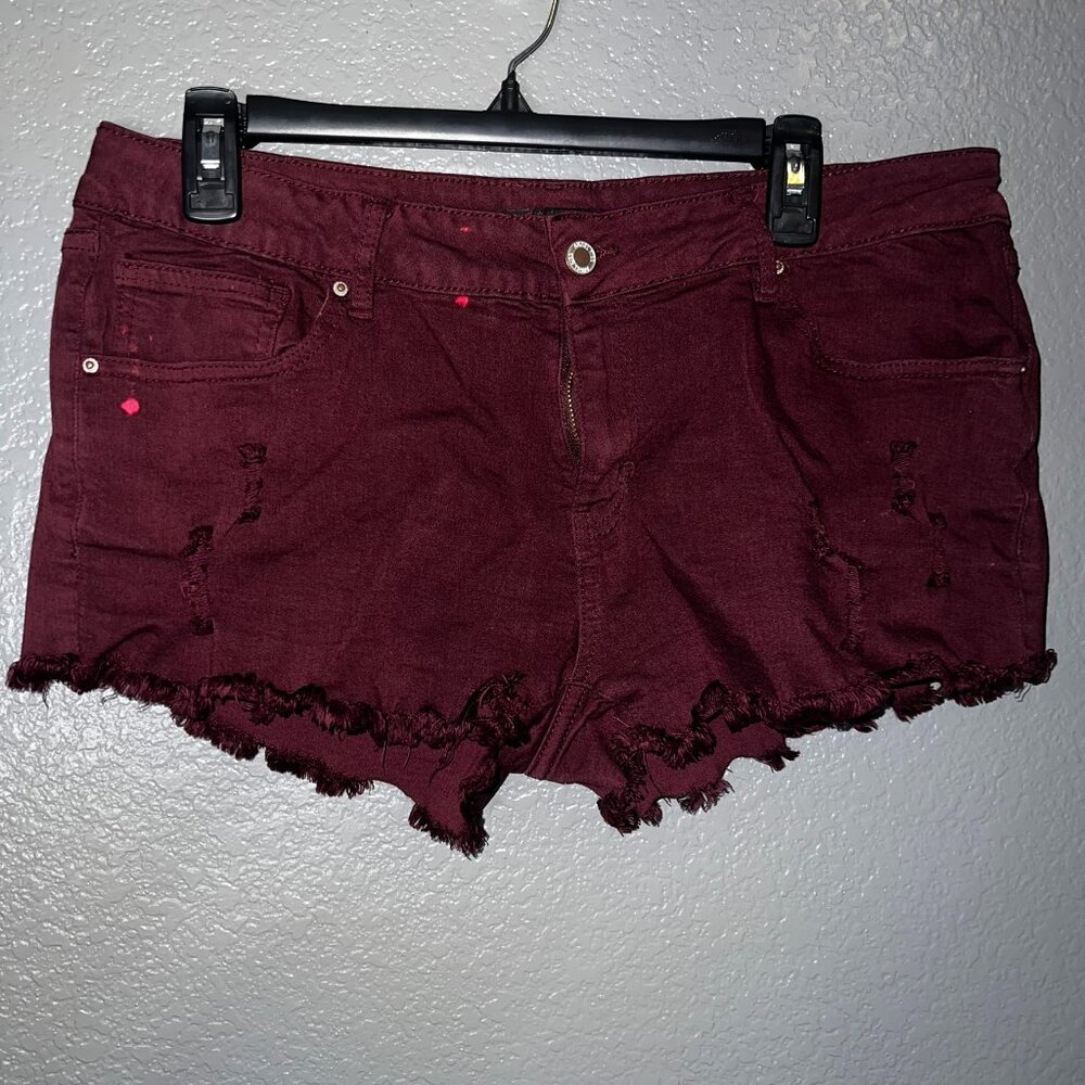 Angel Kiss Distressed Cutoff Shorts Women’s 15 Burgundy Frayed Hem
